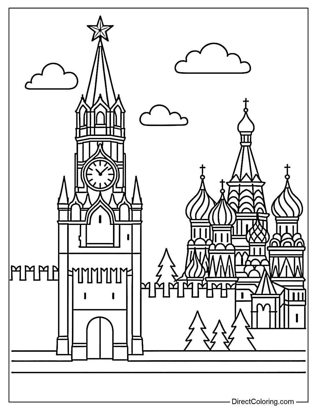 Coloring page of Kremlin complex with Spasskaya clock tower and red wall.